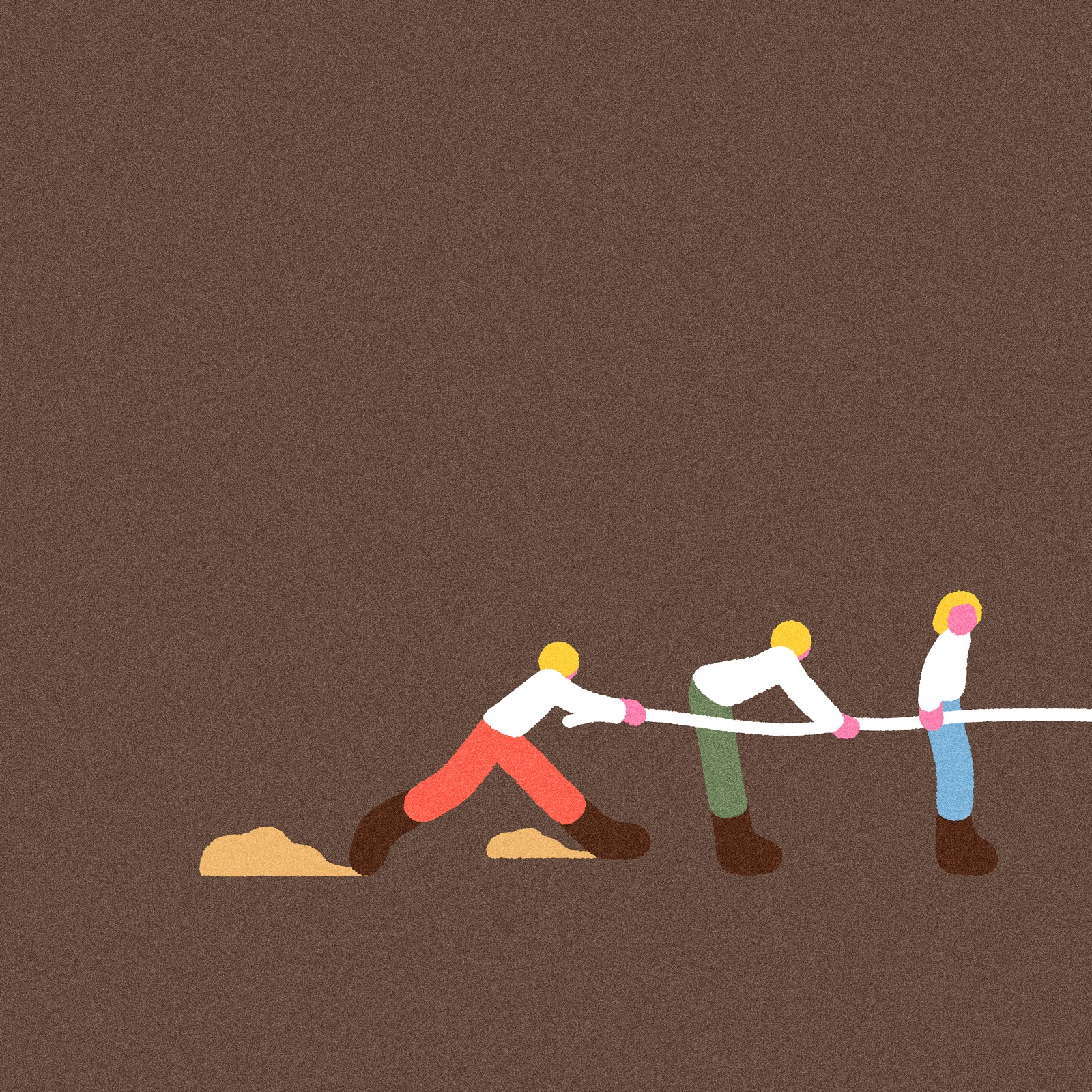 밧줄을 함께 힘껏 당기는 세 사람 일러스트